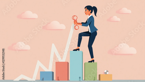 Businesswoman Unlocking Skills, Climbing Corporate Ladder, Career Advancement and Professional Growth Concept