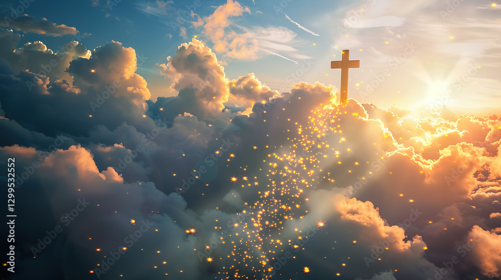 Fototapeta premium with the Christian cross,Stairway to heaven in heavenly concept. Religion background. Stairway to paradise in a spiritual concept. Stairway to light in spiritual fantasy.