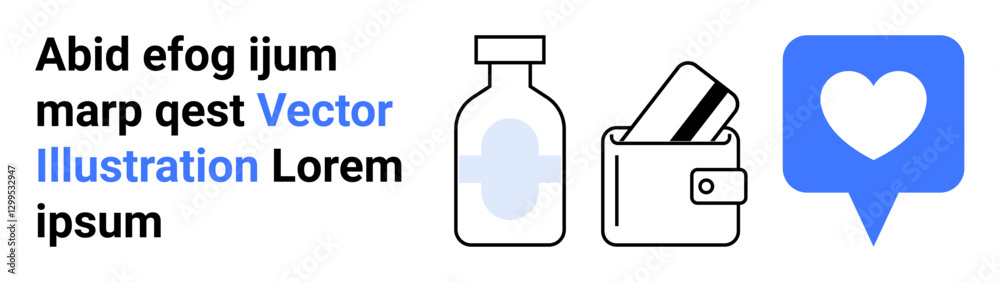 Text sample, medicine bottle, wallet with cards, heart notification icon. Ideal for healthcare, finance, online payments, medication social media communications marketing campaigns. Landing page Text sample, medicine bottle, wallet with cards, heart notification icon. Ideal for healthcare, finance, online payments, medication social media communications marketing campaigns. Landing page