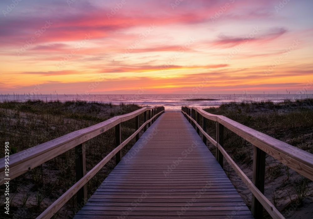 Fototapeta premium Wooden boardwalk leading to sunset beach