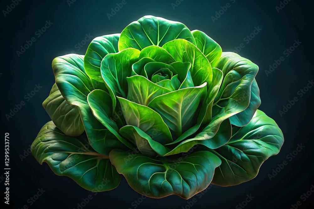 Obraz premium Fresh Green Lettuce Leaves Isolated on Black Background - Night Photography Stock Photo