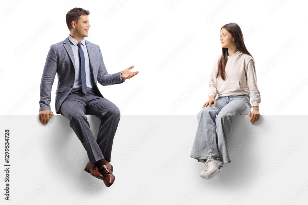 Father and teenage daughter sitting on a panel and talking Father and teenage daughter sitting on a panel and talking
