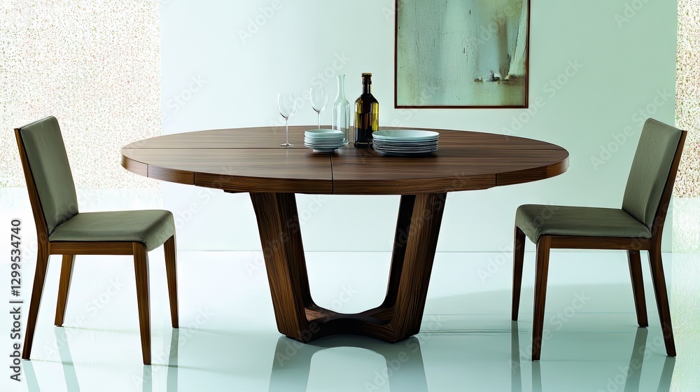 A round extendable dining table with a hidden leaf for space efficiency. A round extendable dining table with a hidden leaf for space efficiency.
