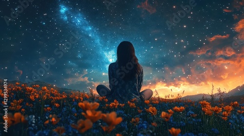 Young Woman Sitting in Vibrant Flower Field Gazing at Night Sky Filled with Stars and Galaxies Creating Hopeful Atmosphere