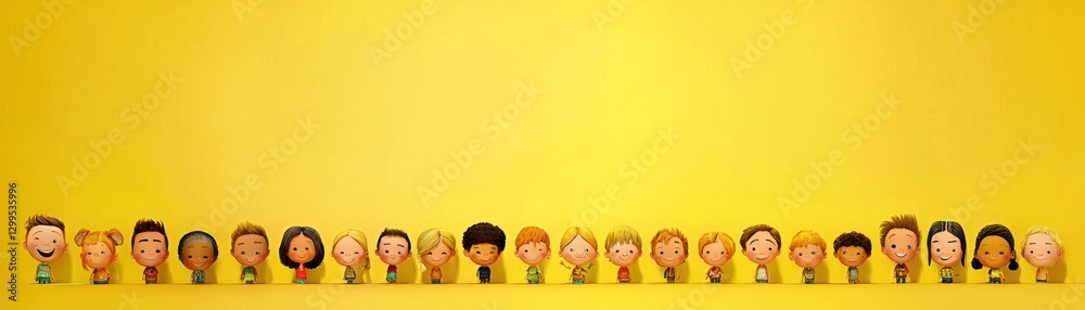 Children lined up against yellow background for diverse community stock photo Children lined up against yellow background for diverse community stock photo