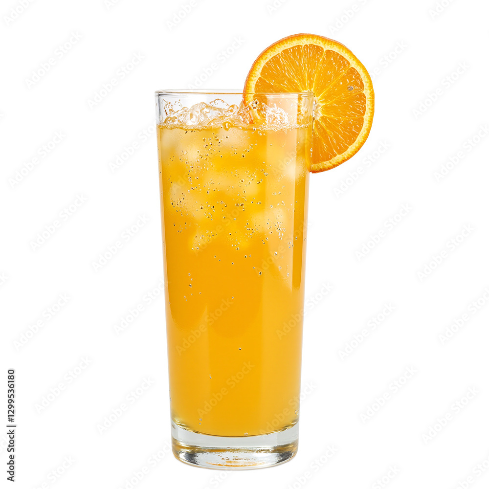 Refreshing orange juice in a clear glass with bubbles garnished with a slice of orange on a white background Refreshing orange juice in a clear glass with bubbles garnished with a slice of orange on a white background
