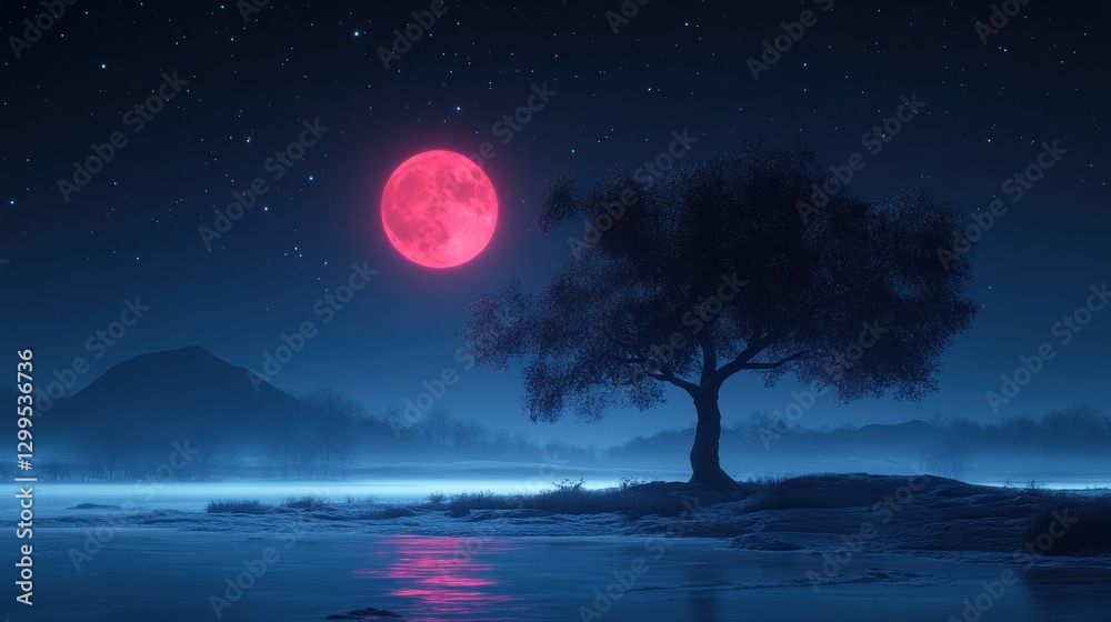 Fototapeta premium Pink moon, tranquil night, misty lake, lone tree
