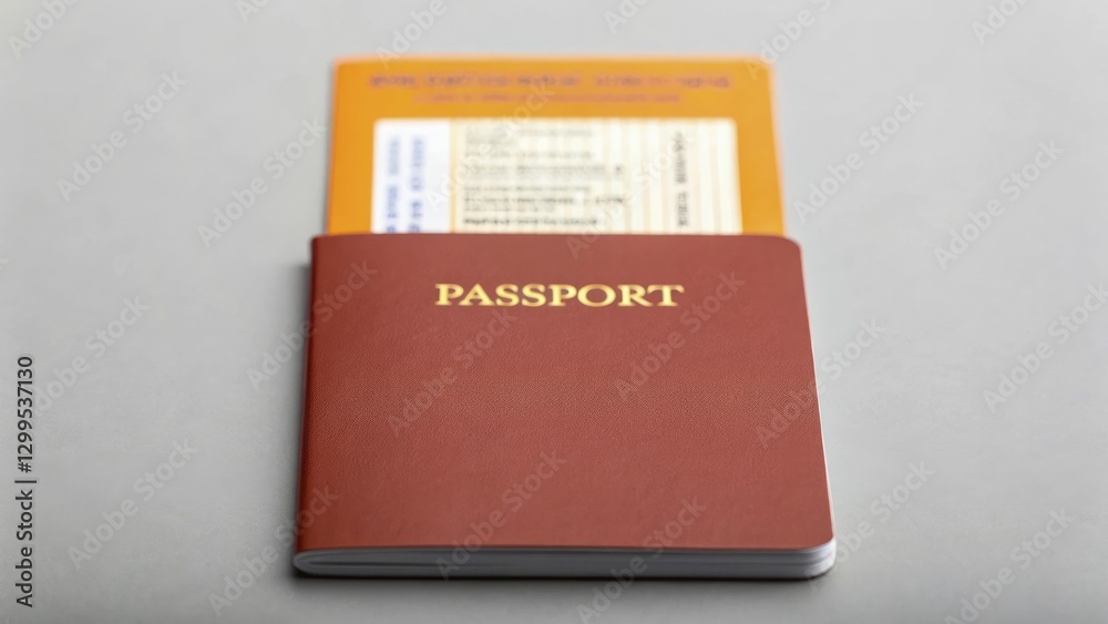 Maroon passport rests on smooth surface, with boarding pass partially tucked inside. Maroon passport rests on smooth surface, with boarding pass partially tucked inside.