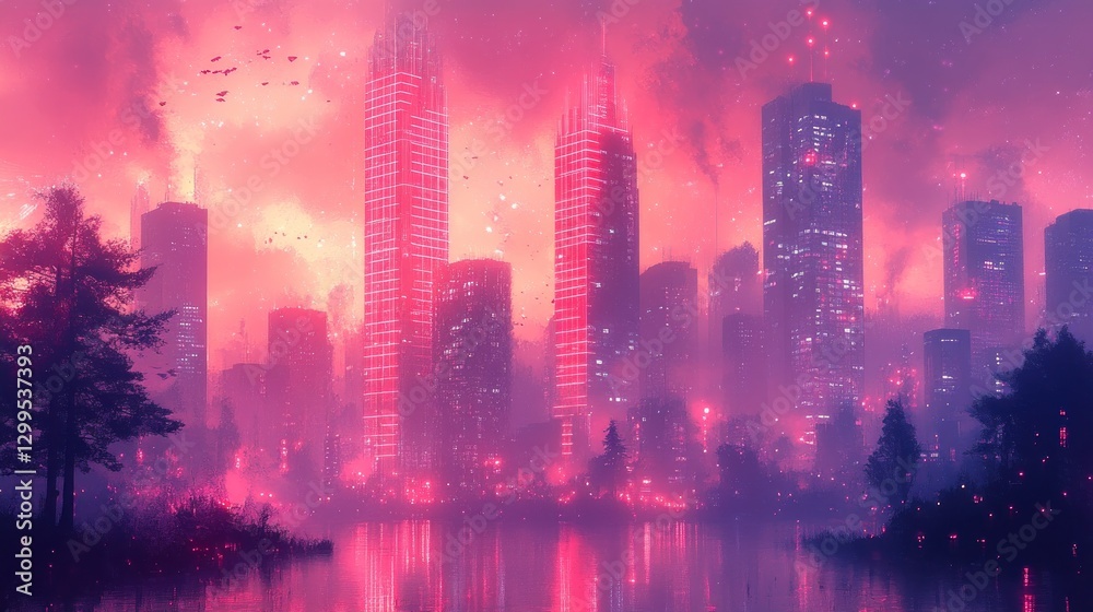 Obraz premium Pink Neon Cityscape Dusk Reflection