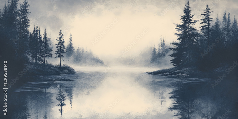 Foggy Morning Over a Calm River with Tree Silhouettes Foggy Morning Over a Calm River with Tree Silhouettes