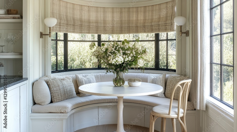 A small breakfast nook with a round table, perfectly fitting the space. A small breakfast nook with a round table, perfectly fitting the space.