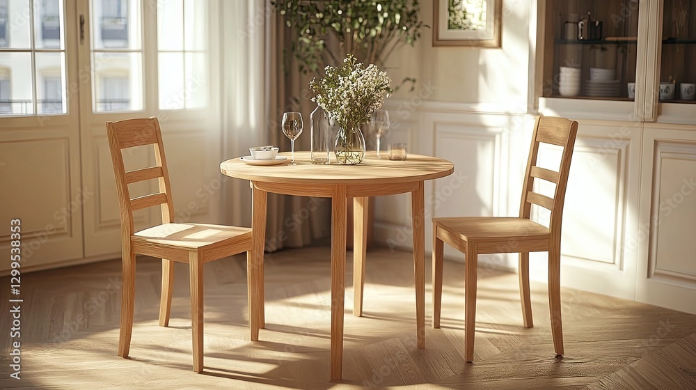 Fototapeta premium A small round wooden dining table with matching chairs in a bright interior.