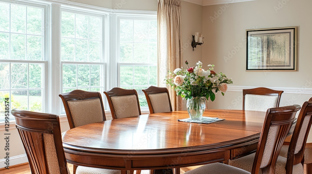 Fototapeta premium A smartly arranged dining area with an oval table complementing the decor.