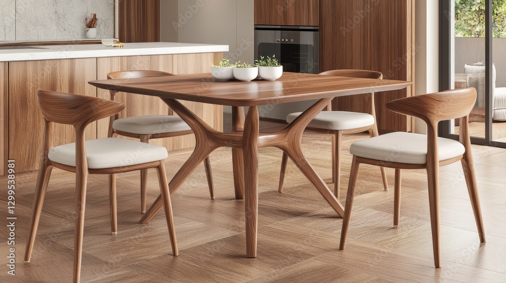 A smartly designed square dining table in a compact open-plan kitchen. A smartly designed square dining table in a compact open-plan kitchen.