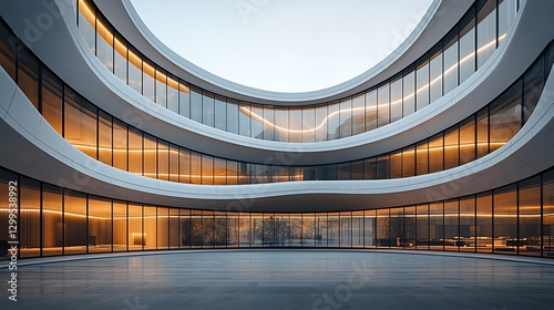 Modern curved office building courtyard at dusk