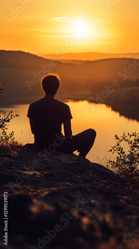 Solitary person sits overlooking water at sunset. Landscape view with orange sky and distant hills. Silhouette figure contemplates the scenic vista in nature