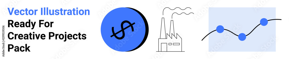 Blue dollar sign, industrial factory with smokestacks, and upward line graph. Ideal for finance, economics, business, industry, sustainability, manufacturing and flat landing page banner Blue dollar sign, industrial factory with smokestacks, and upward line graph. Ideal for finance, economics, business, industry, sustainability, manufacturing and flat landing page banner
