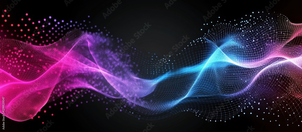 Abstract flowing waves of pink and blue light against a dark background. Data visualization Abstract flowing waves of pink and blue light against a dark background. Data visualization
