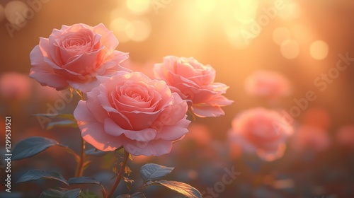 Pink roses bloom, golden sunset garden