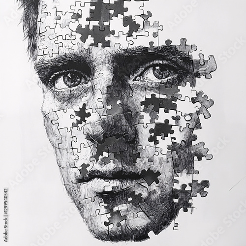 Human face constructed from jigsaw puzzle pieces. Black and white sketch style with fragmented appearance. Conceptual art representing parts of a whole figure photo