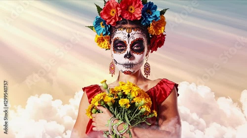Mexican Woman with Sugar Skull Makeup Wearing Flower Crown Holding Marigolds Celebrating Day of the Dead or Dia de Los Muertos under Dramatic Sky