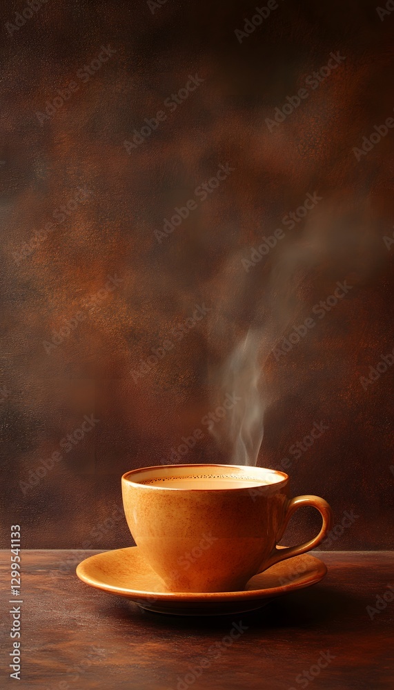 Obraz premium A warm brown ceramic cup of steaming coffee on saucer