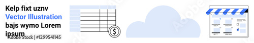 Financial spreadsheet with dollar icon, cloud storage symbol, and online store with blue awning, accompanied by sample text. Ideal for finance, cloud computing, online retail, business operations