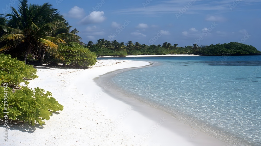 Serene Tropical Beach Scene, White Sand, Palm Trees, Turquoise Water Serene Tropical Beach Scene, White Sand, Palm Trees, Turquoise Water