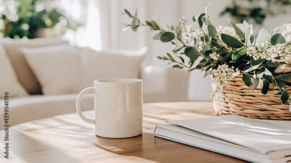 A stylish coffee table setup with a neutral ceramic mug and books. A stylish coffee table setup with a neutral ceramic mug and books.