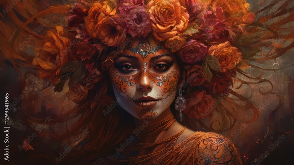 A woman adorned with intricate face paint and a crown of flowers embodies the spirit of a cultural festival, radiating energy and tradition. Her colorful attire complements the festive ambiance