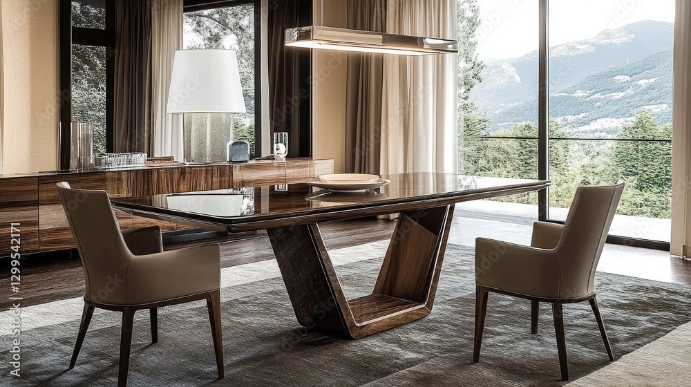 Fototapeta premium A stylish extendable dining table in a contemporary home interior.