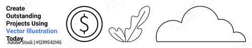 Dollar coin, stylized feather, and cloud in thin black outlines emphasizing simplicity, creativity, and clarity. Ideal for finance, design, art, nature innovation startups flat landing page banner