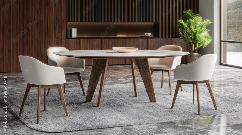 Fototapeta premium A stylish oval dining table in a cozy, well-designed interior.