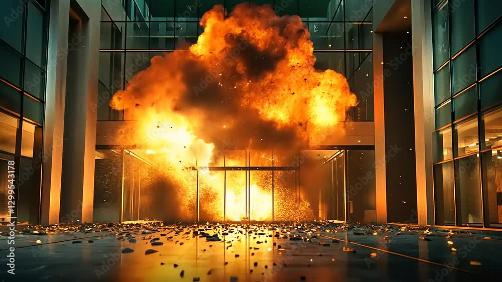 Dramatic explosion in a modern glass building, debris flying, with a fiery backdrop and smoke