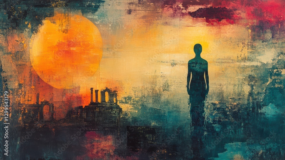 Obraz premium A solitary figure stands against a captivating abstract landscape during sunset. The vivid hues of orange and blue create an enchanting atmosphere in this intriguing scene
