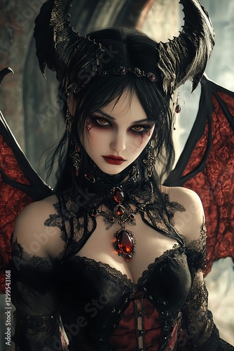 A beautiful cosplayer wearing an attractive succubus costume wears tight clothing, large sharp black horns and hair, dark makeup, and large bat wings, and strikes an alluring pose.