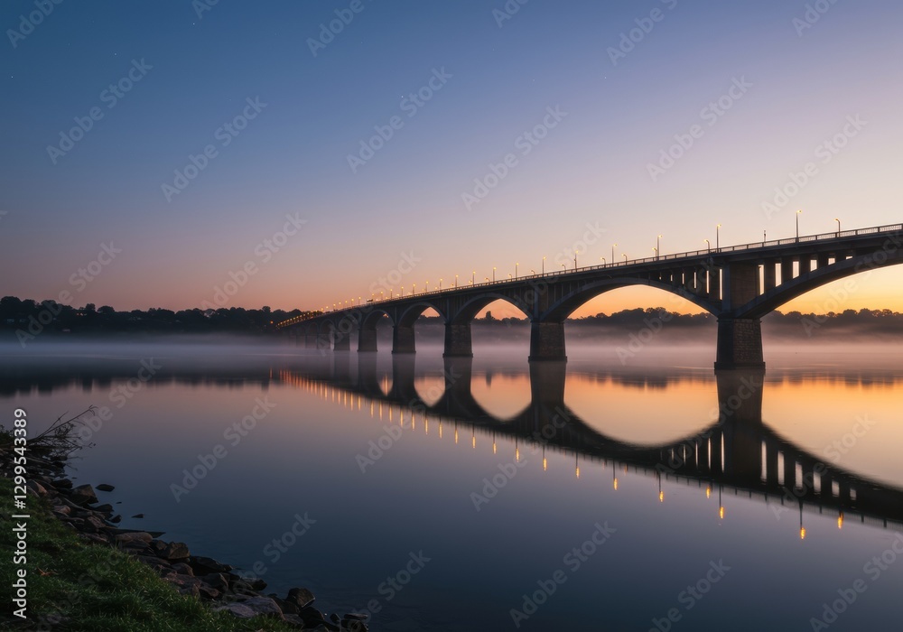 Arched Bridge Reflected at Dawn with Fog Bank Arched Bridge Reflected at Dawn with Fog Bank