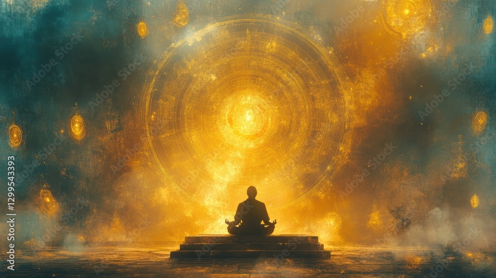 A serene figure sits cross-legged, immersed in meditation amid radiant golden light and intricate celestial designs. The atmosphere conveys peace and spiritual awakening A serene figure sits cross-legged, immersed in meditation amid radiant golden light and intricate celestial designs. The atmosphere conveys peace and spiritual awakening