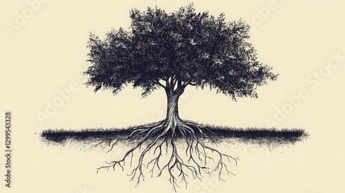 Detailed monochrome drawing showcases an old tree with extensive roots