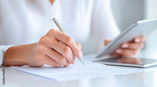 Woman signing Document with Tablet Nearby