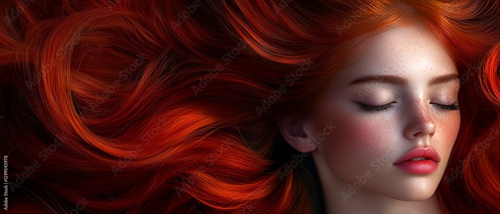 Artistic close-up photo of a beautiful model's face with closed eyes and long hair with passionate red curly, permed and wavy hair everywhere. Artistic close-up photo of a beautiful model's face with closed eyes and long hair with passionate red curly, permed and wavy hair everywhere.