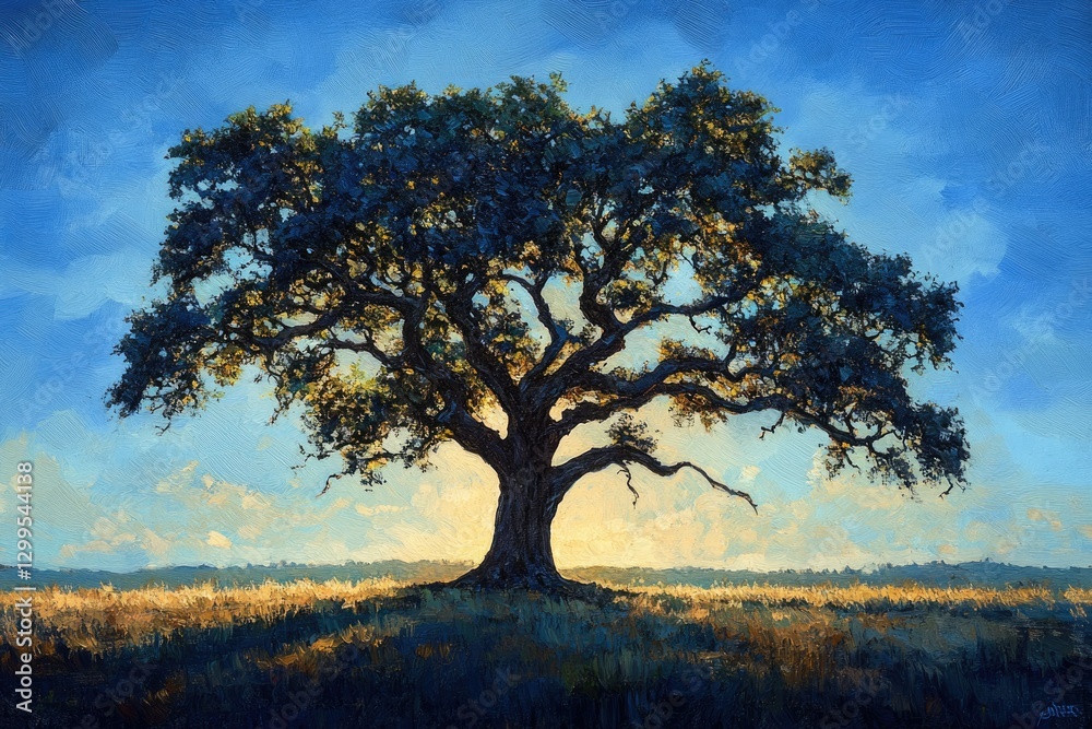 Fototapeta premium A majestic oak tree silhouetted against a vibrant sunset sky, standing tall in a golden field.