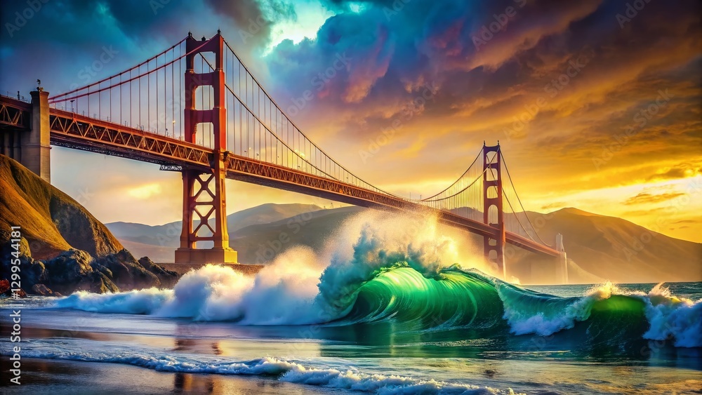 Fototapeta premium Golden Gate Bridge Double Exposure Ocean Waves San Francisco Skyline