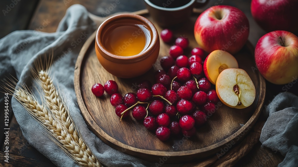 Russian Fruits with Honey and Wheat for Cultural Cuisine Promotions, Orthodox Holiday Celebrations, and Traditional Food Photography in a Rustic Warm Color Palette Russian Fruits with Honey and Wheat for Cultural Cuisine Promotions, Orthodox Holiday Celebrations, and Traditional Food Photography in a Rustic Warm Color Palette