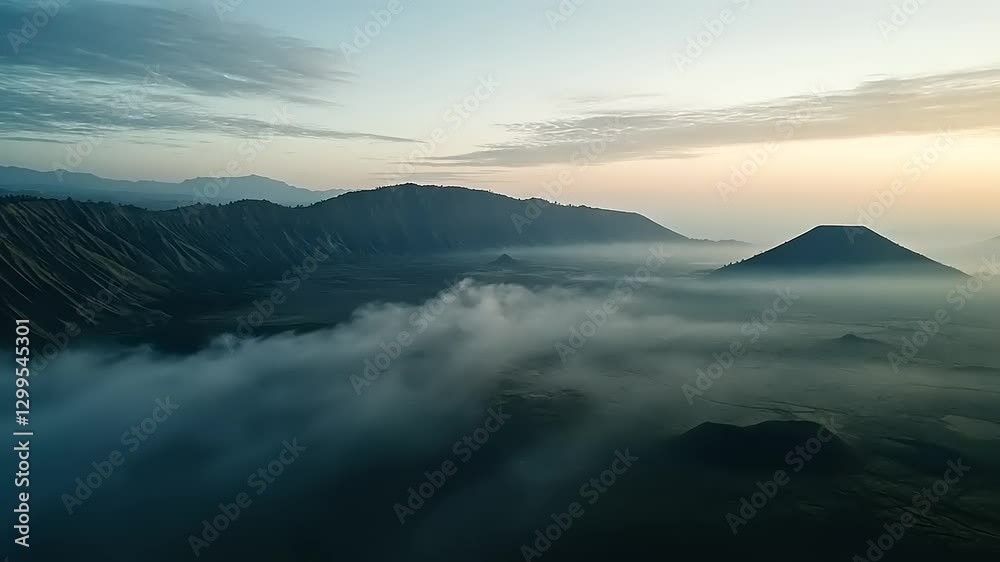 A serene landscape of volcanic mountains shrouded in mist during sunrise. A serene landscape of volcanic mountains shrouded in mist during sunrise.