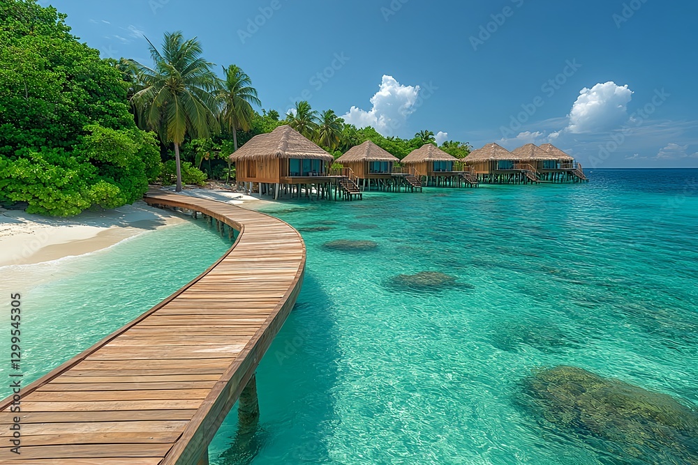 Obraz premium Beautiful resort landscape with wooden deck bridge leading to tropical resort on island coast with palm trees and green plants growing on emerald tropical sea in summer.