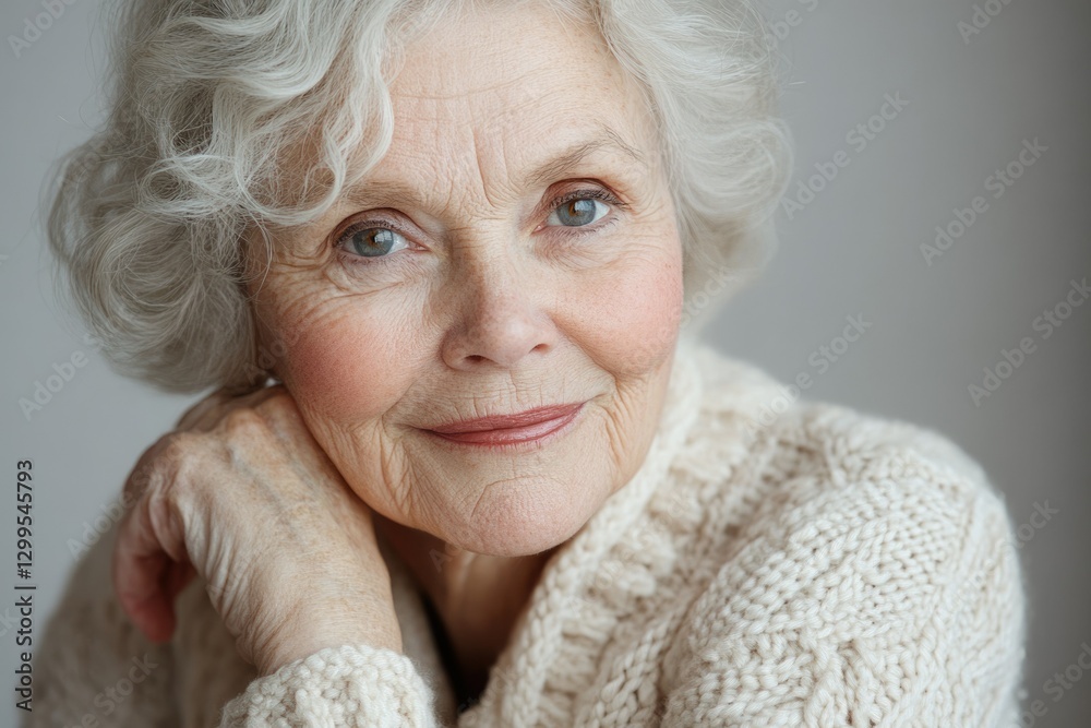 Portrait of a smiling elderly woman with gray curly hair, wearing a cream-colored knitted sweater. Portrait of a smiling elderly woman with gray curly hair, wearing a cream-colored knitted sweater.