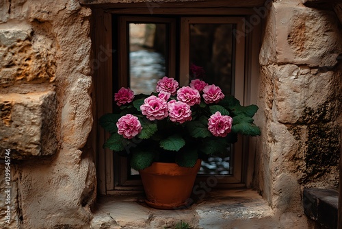 Pink flowers in stone windowbox