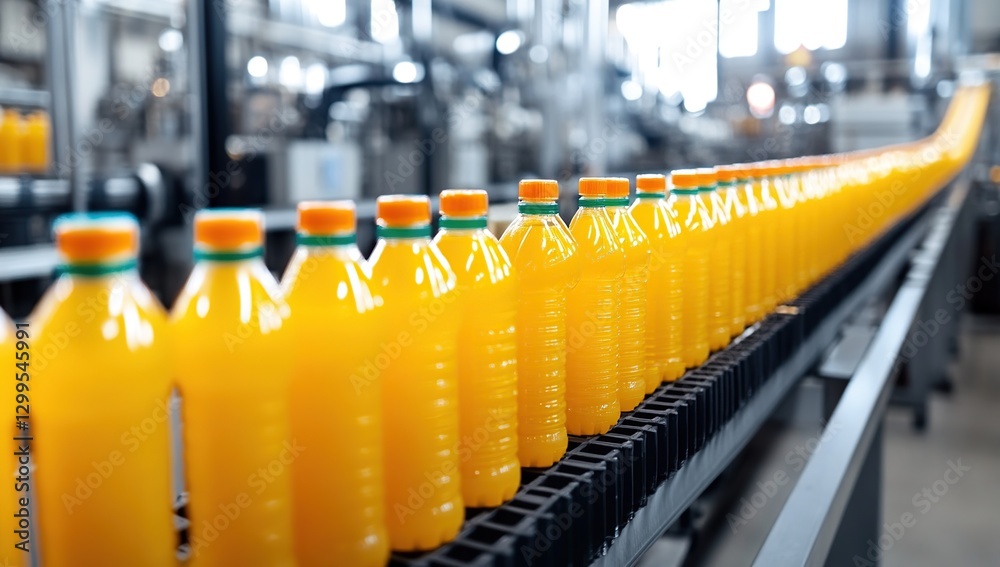 Fototapeta premium Orange Juice Bottles on a Conveyor Belt in a Modern Factory
