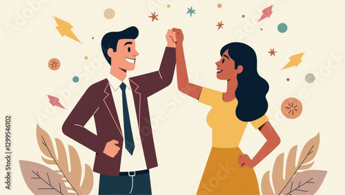Gender Equality in Workplace, Man and Woman High-Fiving, Promoting Sexuality and Women's Rights, Team Achievement